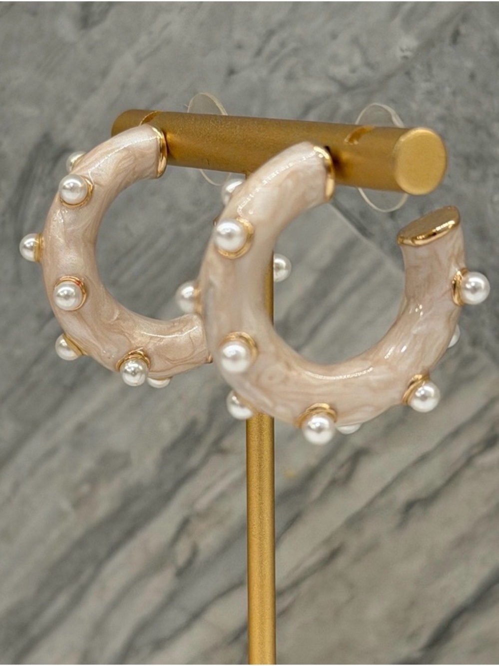 Pearl-Embellished Cream Resin Hoop Earrings